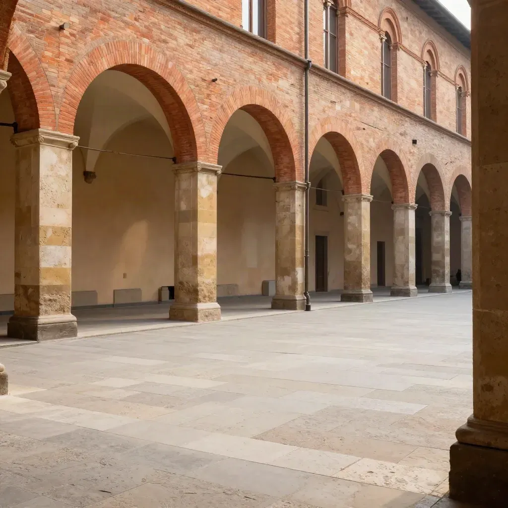 Portici di Bologna sopra una piazza chiara e calma, in luce dorata.