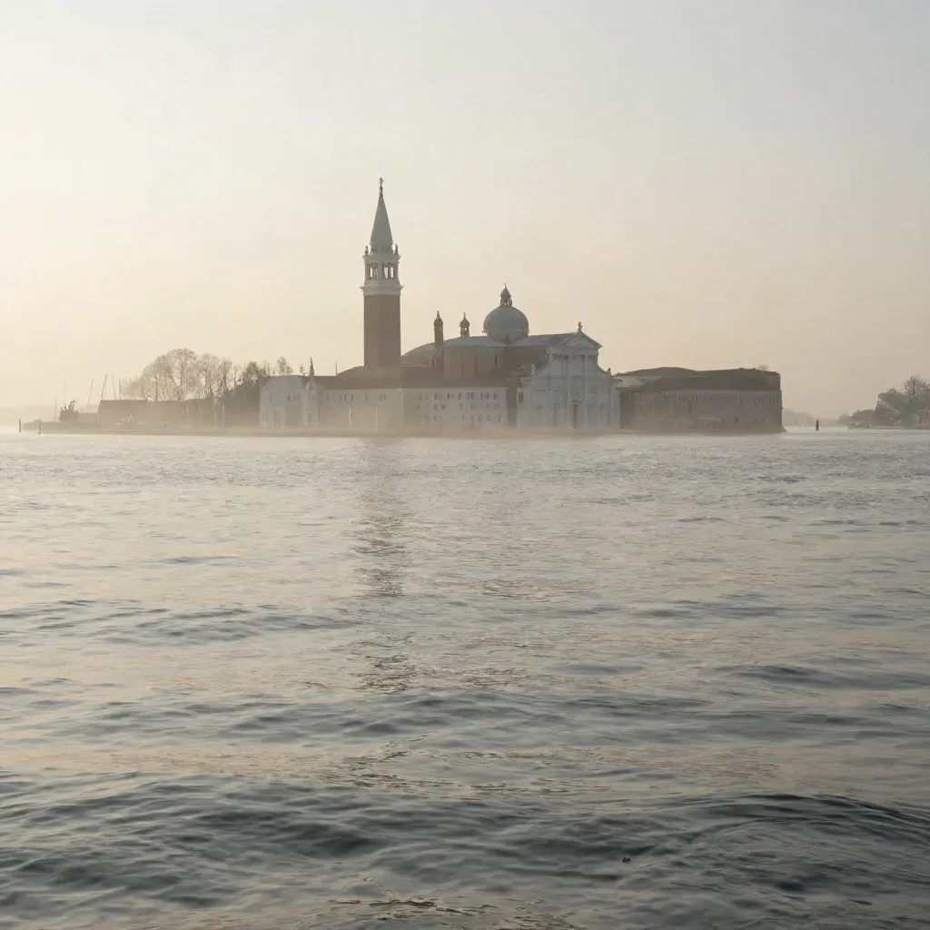 Laguna di Venezia al tramonto con chiesa lontana e nebbia salmastra