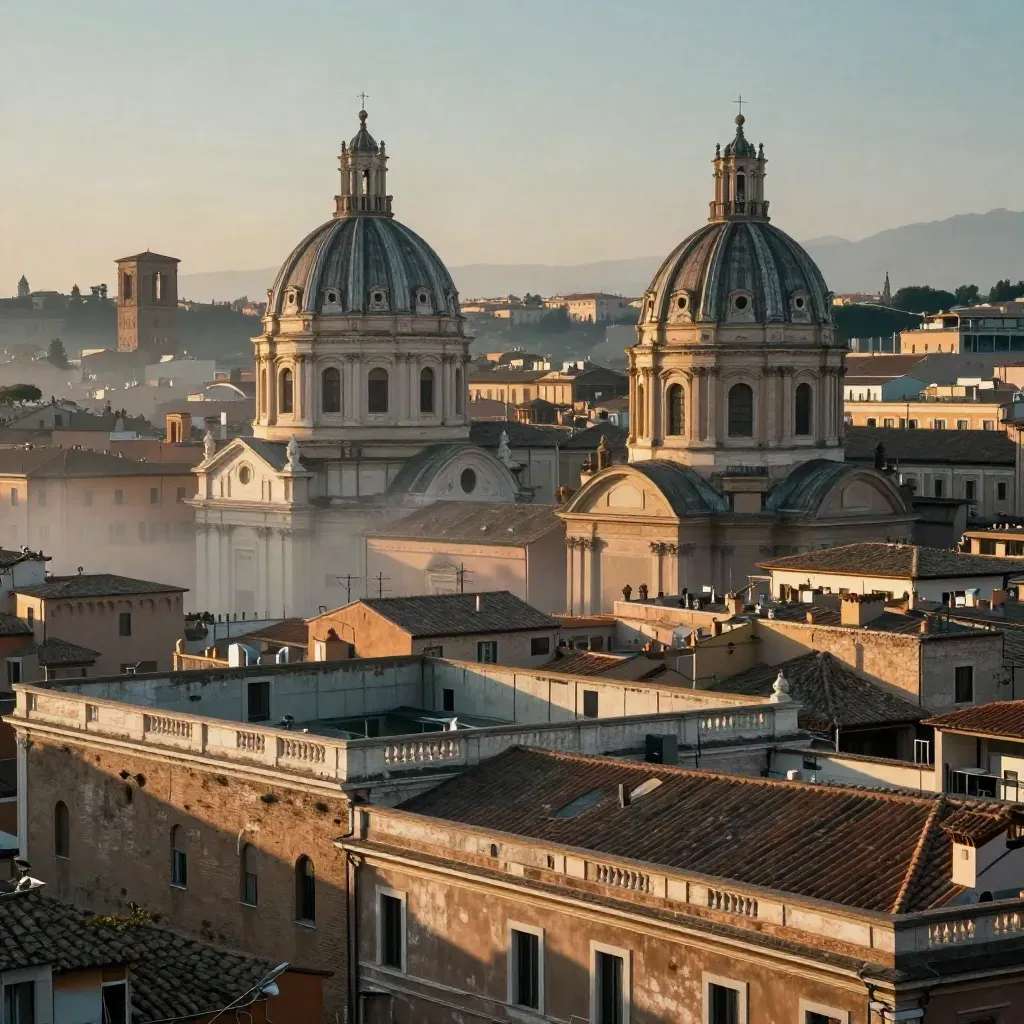 Roma all’alba con cupole e tetti in cotto immersi in foschia dorata
