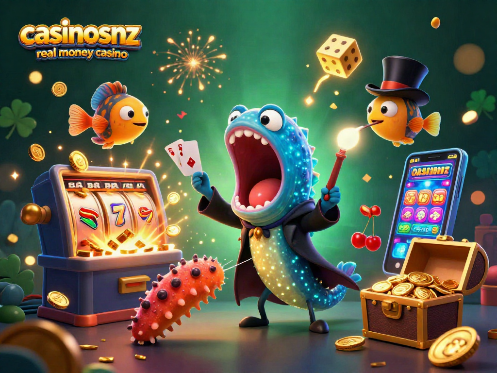Experience thrilling casino action with casinoNZ real money casino's dynamic 3D illustration, showcasing a unique underwater magic act.