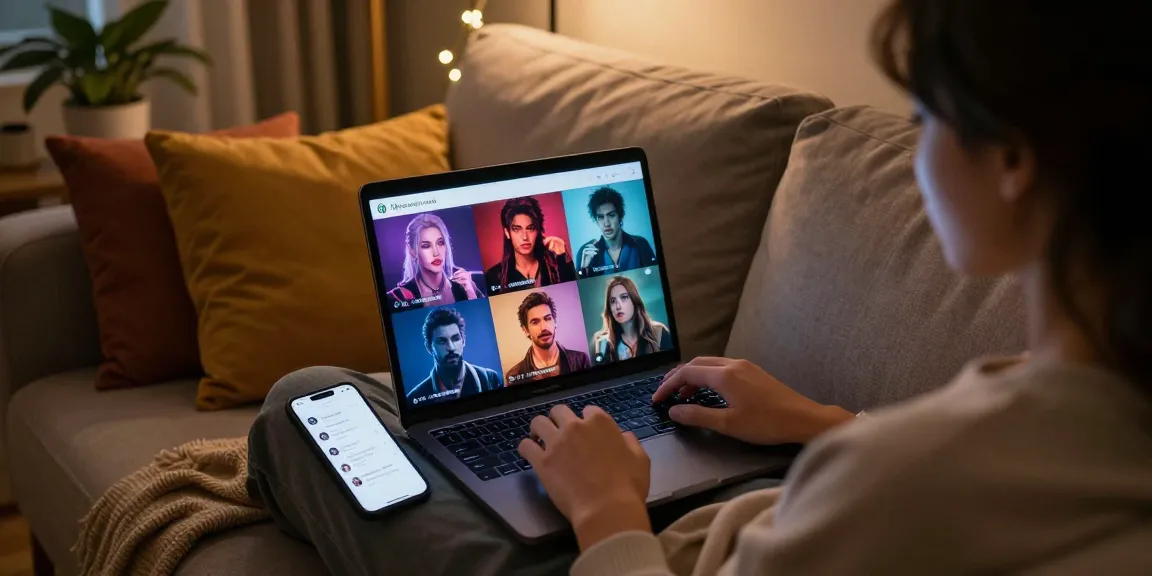 Cozy home scene featuring the best AI sex chat on a laptop, creating an intimate atmosphere.