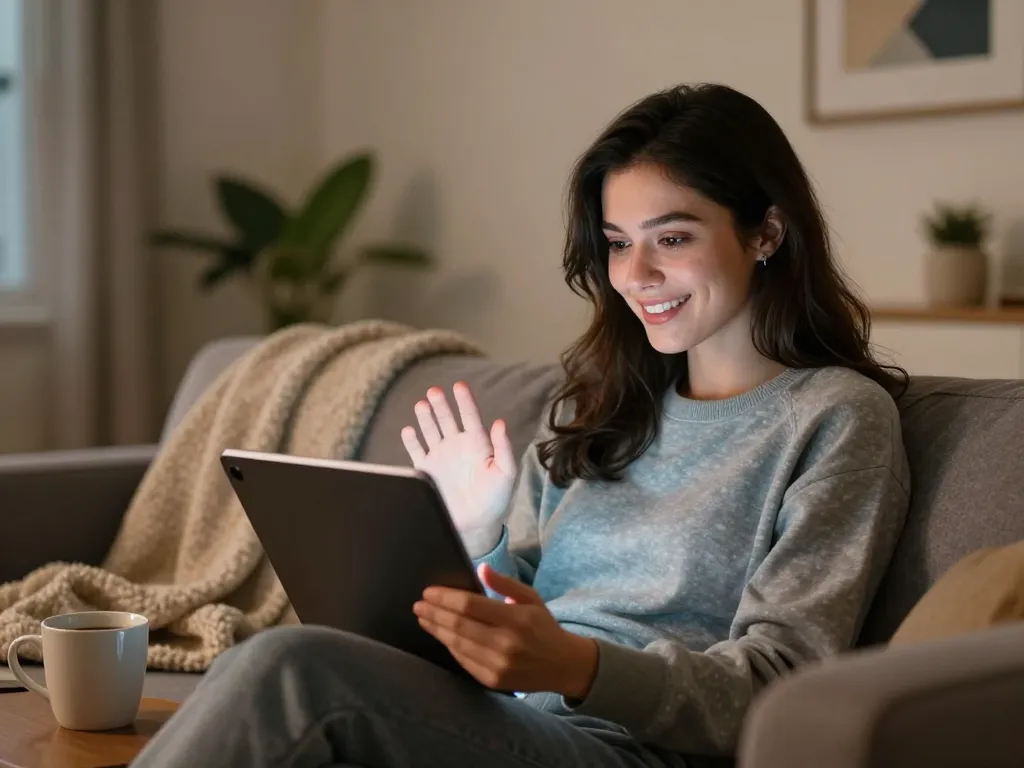 Engaging woman interacting with her AI chatbot for sex ai chat in a cozy home.