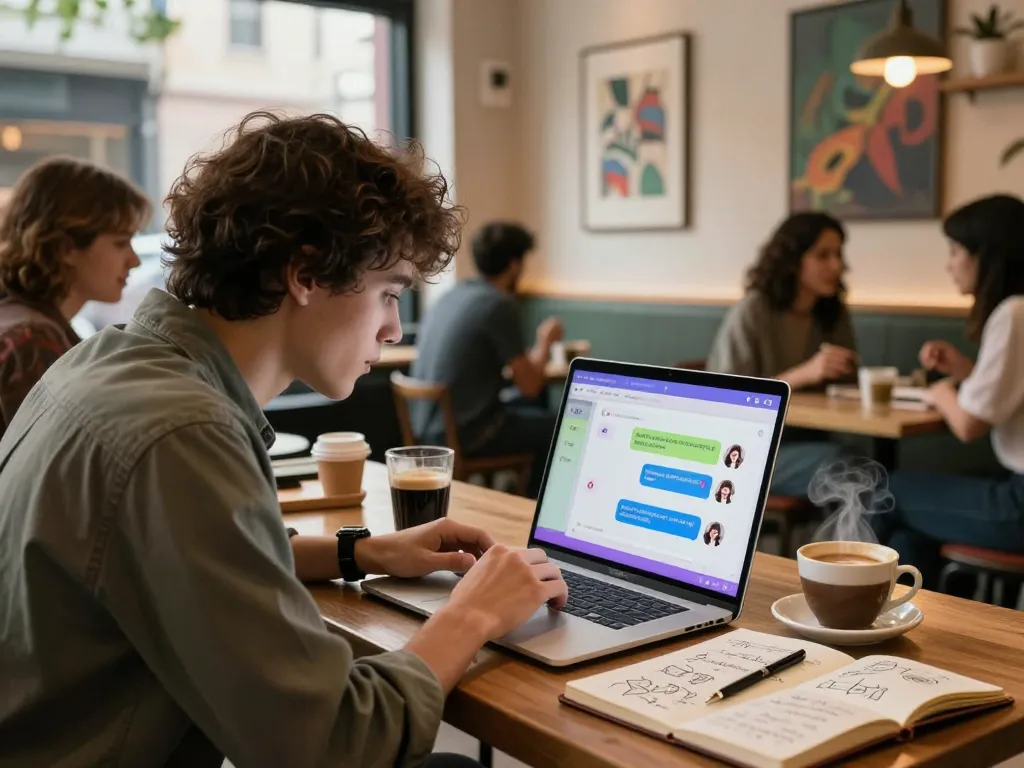 Engaging scene of a user in an nsfw AI chat at a trendy cafe, showcasing interaction with vibrant digital characters.