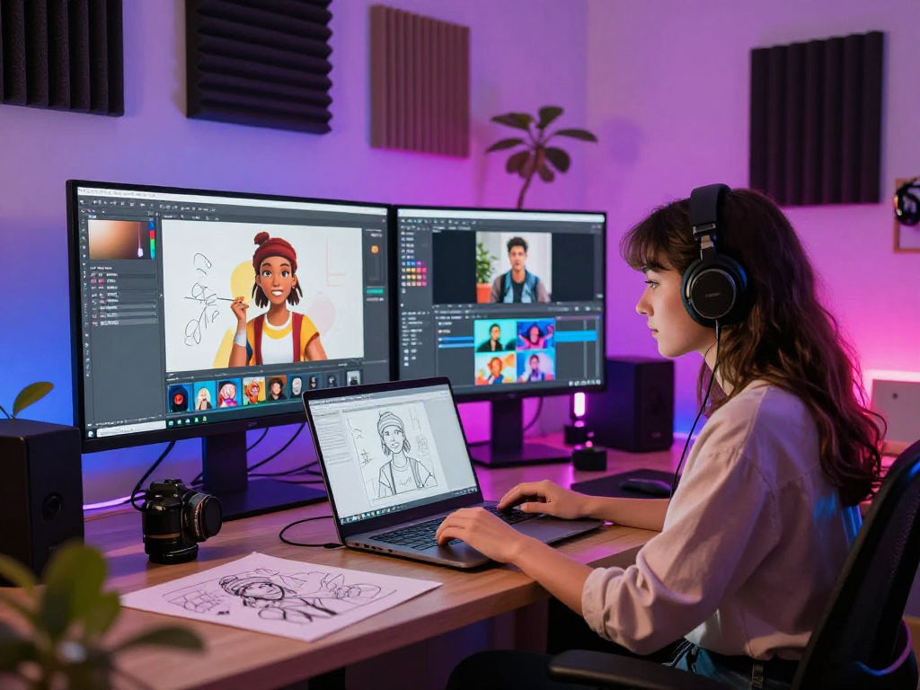 AI roleplay character creation in a lively digital studio with creative tools.