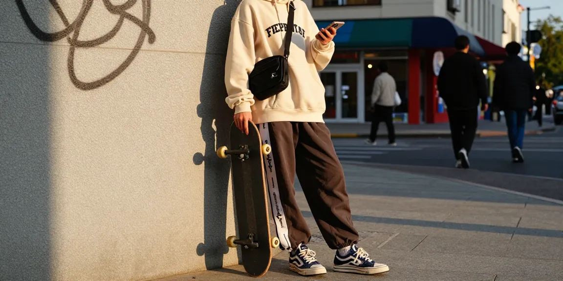 Scena di moda urbana con una persona in felpa Trapstar oversize, streetwear alla moda e skateboard.