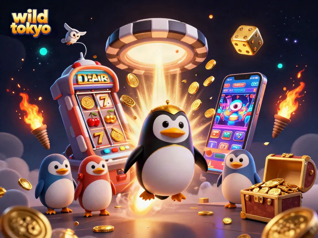 Join the adventure at wild tokyo casino with a golden penguin soaring through space for big wins!