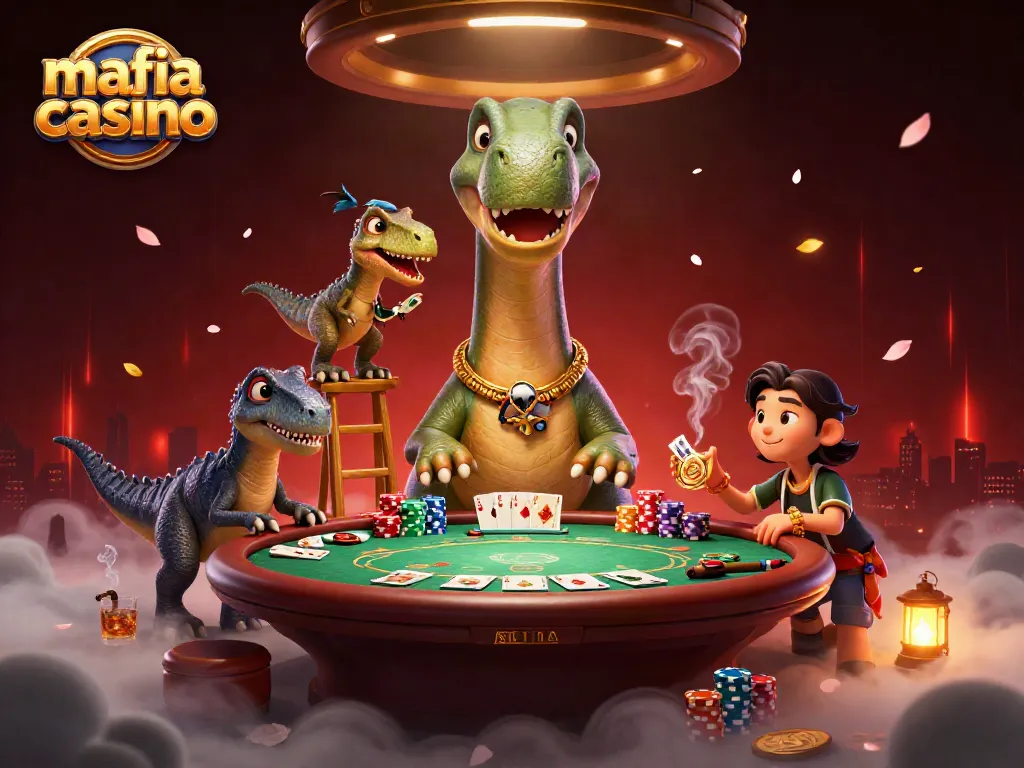 Engage with the vibrant mafia casino scene featuring towering characters and dynamic poker elements.