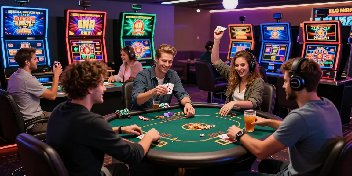 Siti casino non AAMS scena di gioco vibrante con giocatori che si divertono con diversi giochi in un moderno lounge