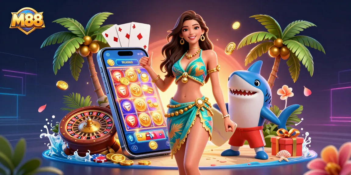M88 casino scene featuring a vibrant tropical woman, shark, and slot game elements creating a dynamic gaming atmosphere.