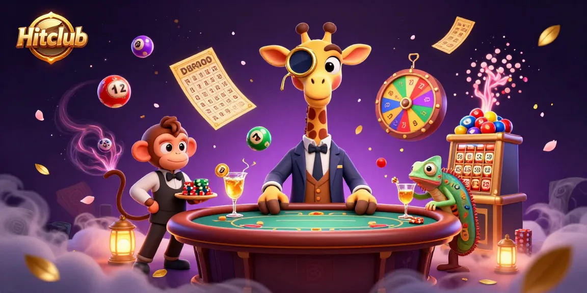 Hitclub players enjoy fortune as the giraffe high-roller and friends celebrate wins with vibrant casino elements.