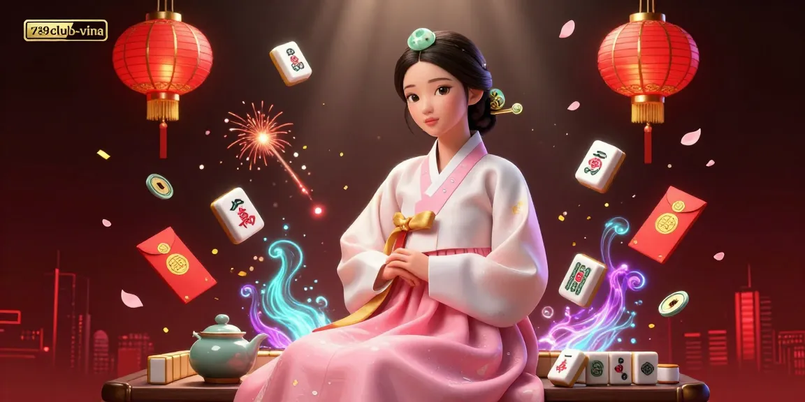 Engage with 789club-vina's vibrant casino scene featuring mahjong tiles, lanterns, and lucky symbols.