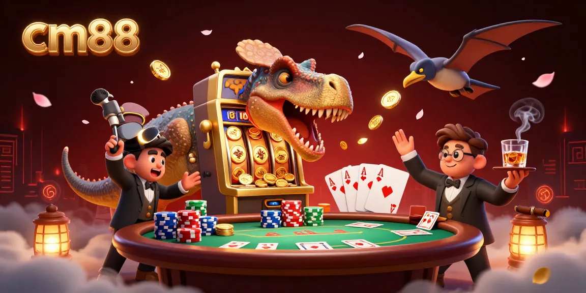 Catch jackpot coins with cm88 in a dynamic casino scene featuring cartoon dinosaurs and poker elements.