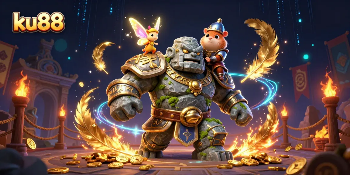 ku88 captivates gamers with vibrant 3D illustration of a golem guardian and magical elements.
