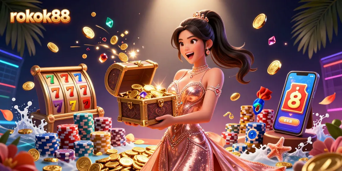 Spin and win with rokok88: A stunning treasure chest overflowing with gold coins and gems in a vibrant casino scene.