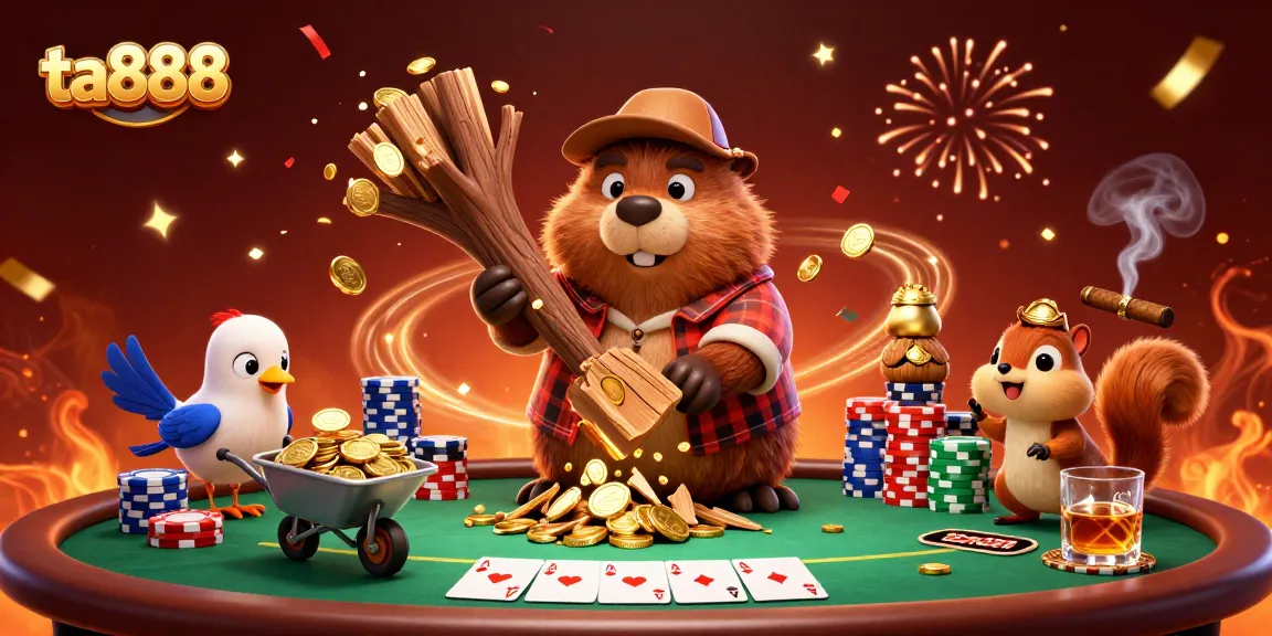 Experience the thrill of ta888 with a vibrant scene of exciting poker action featuring a charming lumberjack beaver.