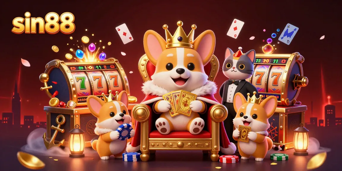Spin the reels at sin88 with a vibrant scene of a royal corgi and magical casino elements.