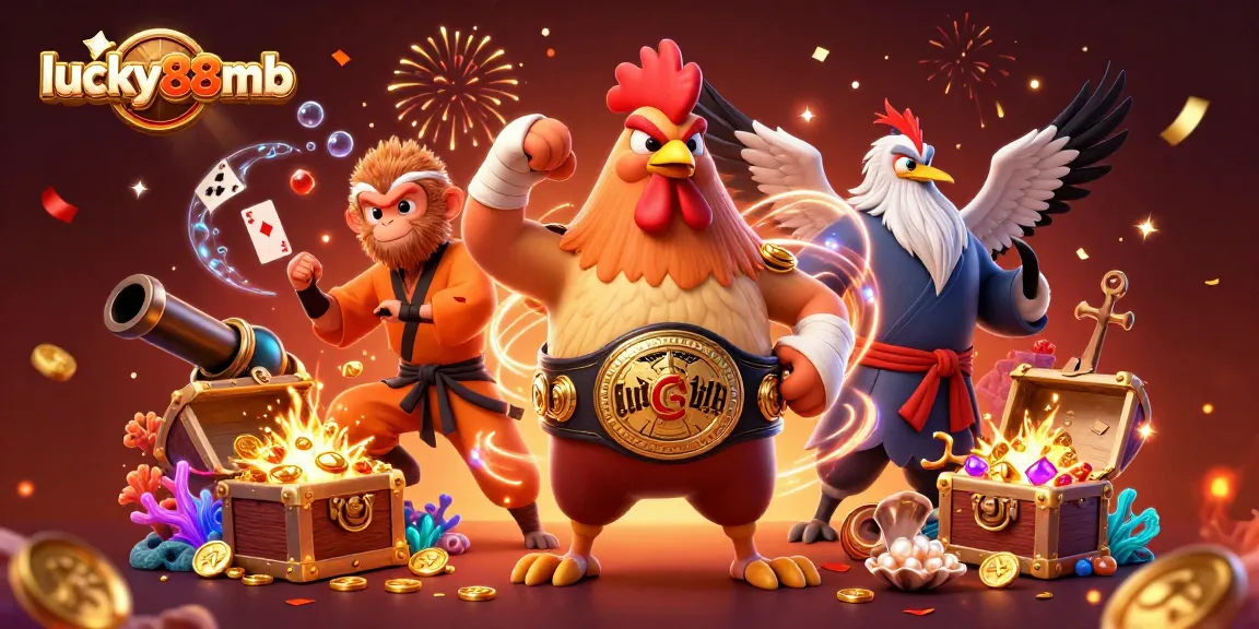 Enjoy thrilling action with lucky88mb featuring Muay Thai rooster and Shaolin monkey in vibrant casino scene.