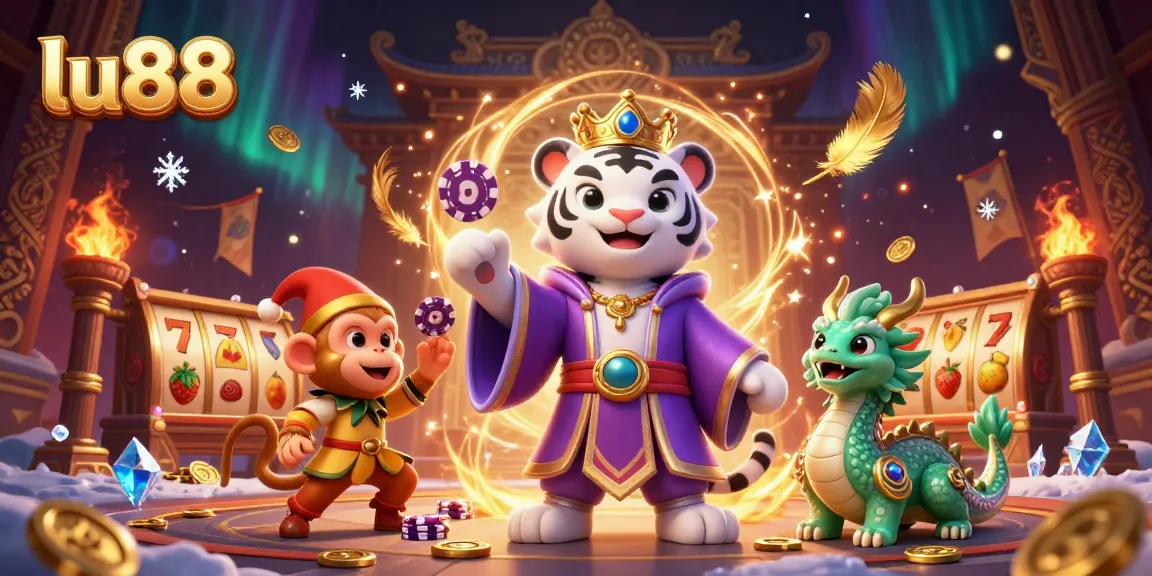 Join the vibrant action at lu88 with a playful monkey, majestic tiger, and magical elements entangled in an intense casino scene.