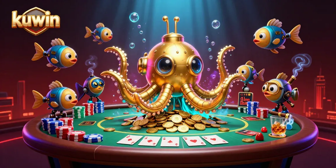 Kuwin casino scene featuring a golden kraken submarine and vibrant poker elements.