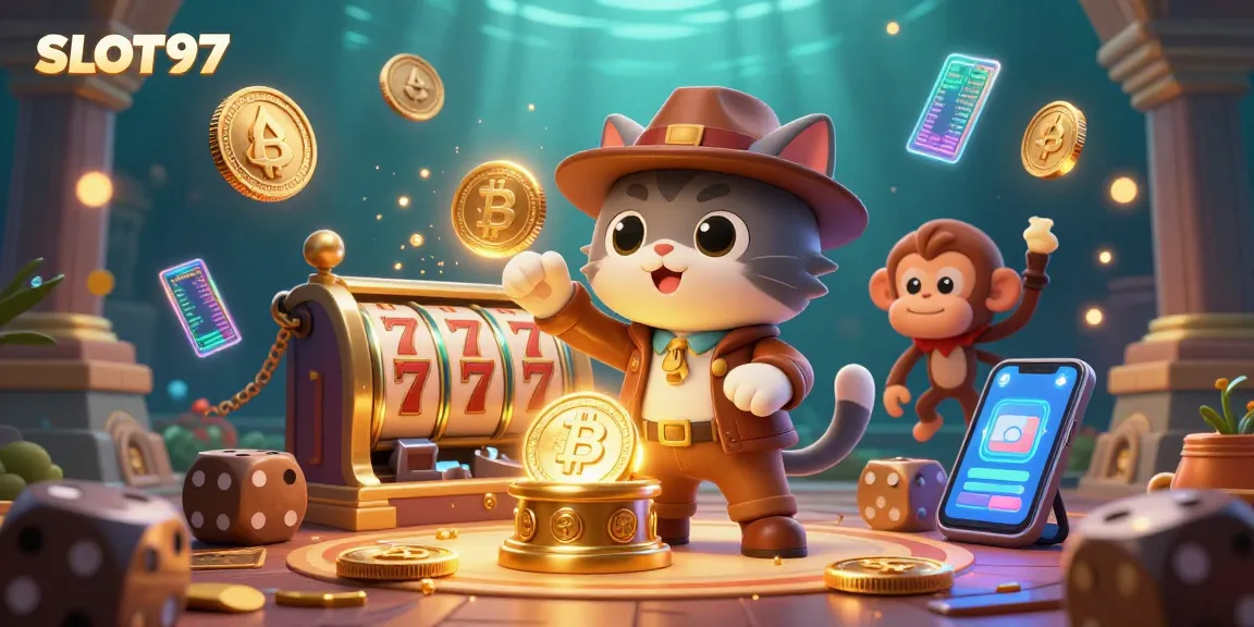SLOT97 showcases a golden casino artifact with vibrant Bitcoin and Ethereum coins in an exciting temple scene.