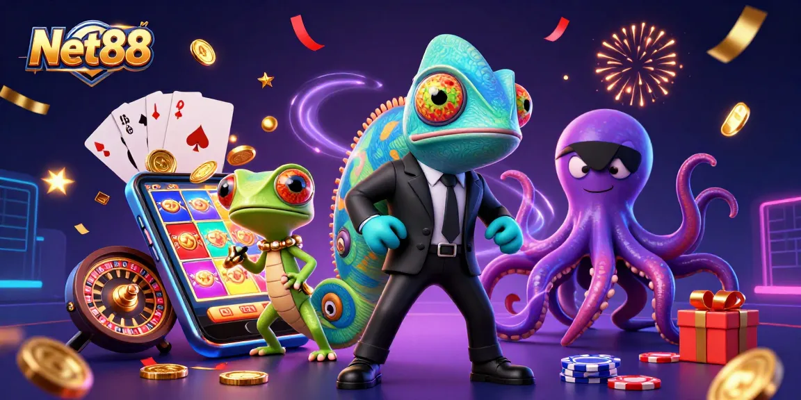 Experience dynamic gaming fun with Net88, featuring a colorful casino scene and vibrant character interactions.