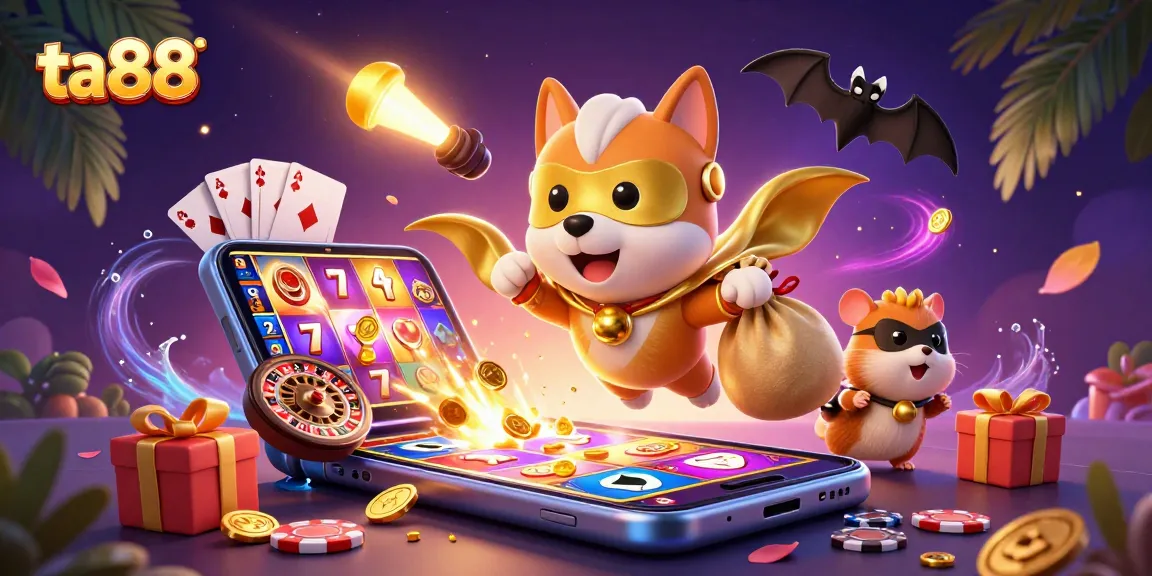 ta88's engaging 3D illustration showcases an adventurous superhero dog with gold coins, vibrant slot game elements, and casino excitement