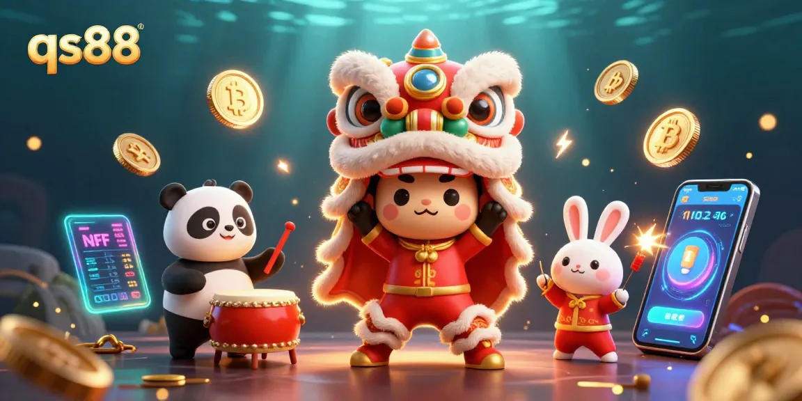 Engage with qs88 in this vibrant, dynamic casino-themed illustration featuring a lion dance and gaming elements.