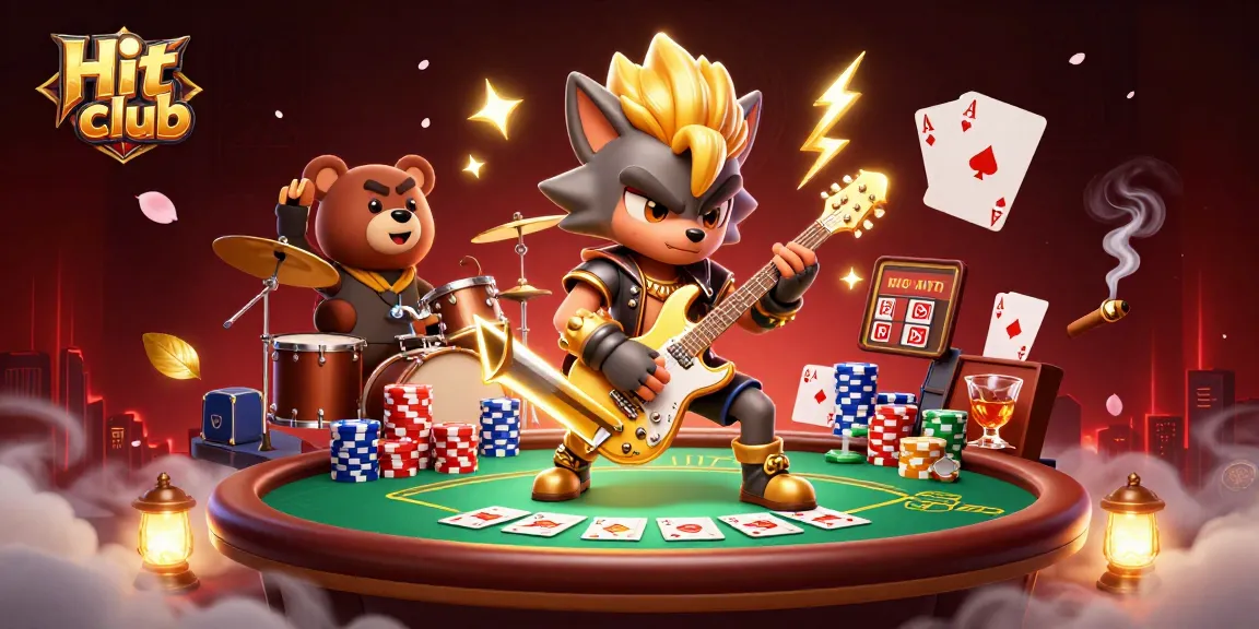 Hit club brings excitement with a rock star wolf and poker action in a vibrant casino scene.