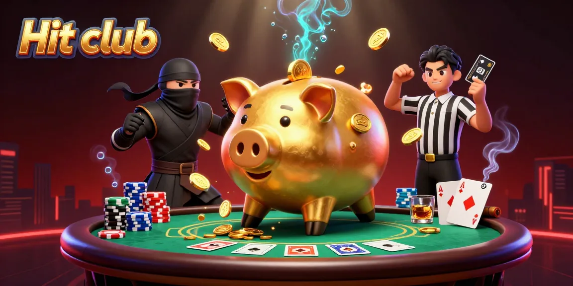Experience thrilling action at Hit club with a golden piggy bank sumo wrestler, showcasing vibrant casino elements.