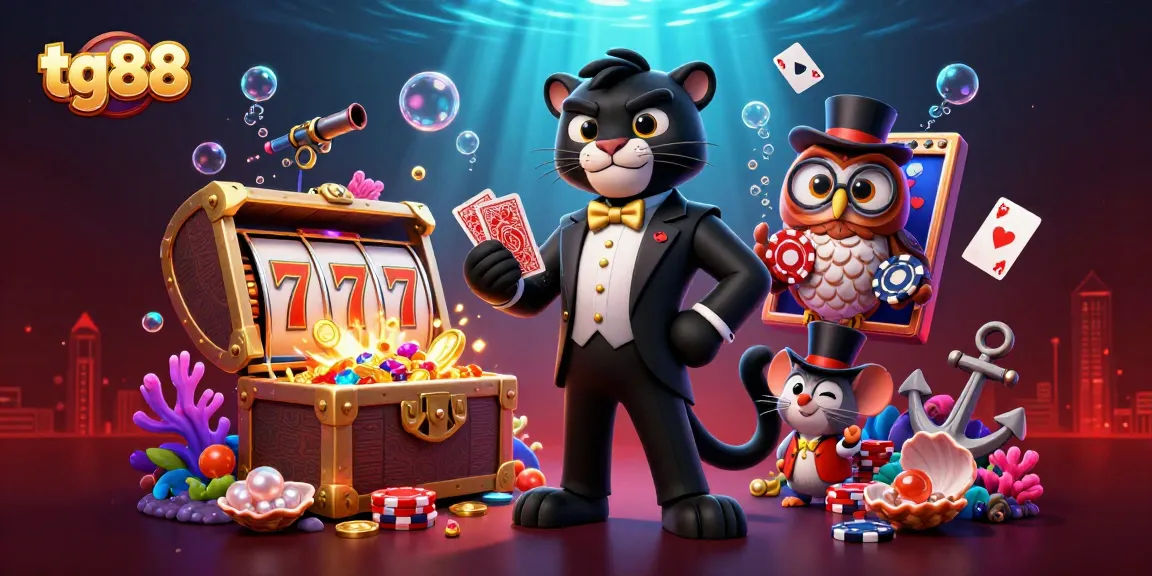 Play slots at tg88 with a stylish black panther dealing cards among colorful gems and poker chips.