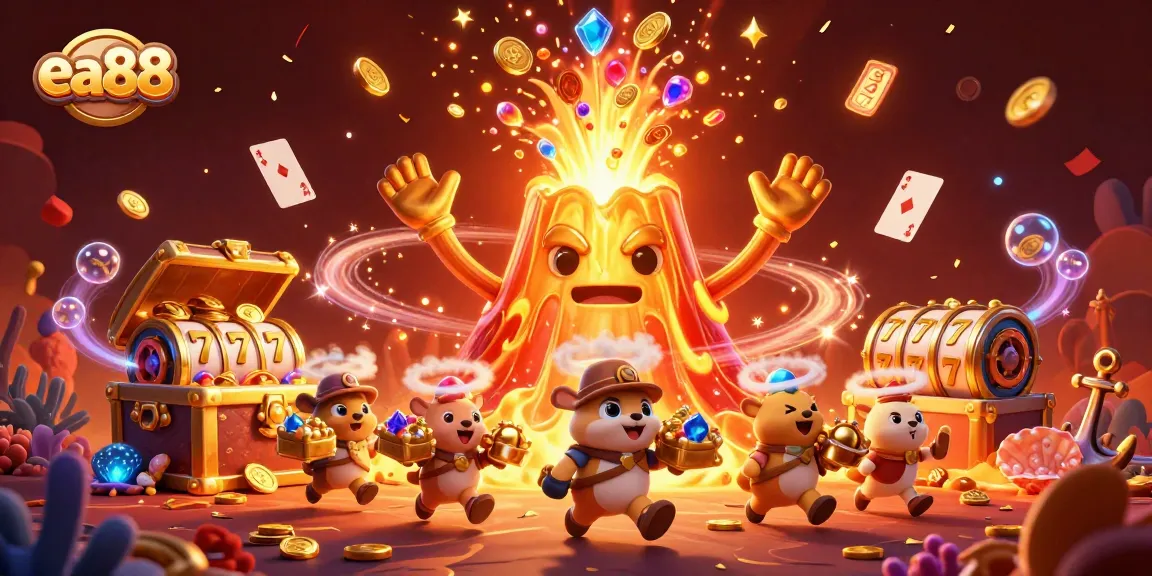 Spin the reels and collect treasures with ea88 in this vibrant casino-themed illustration.