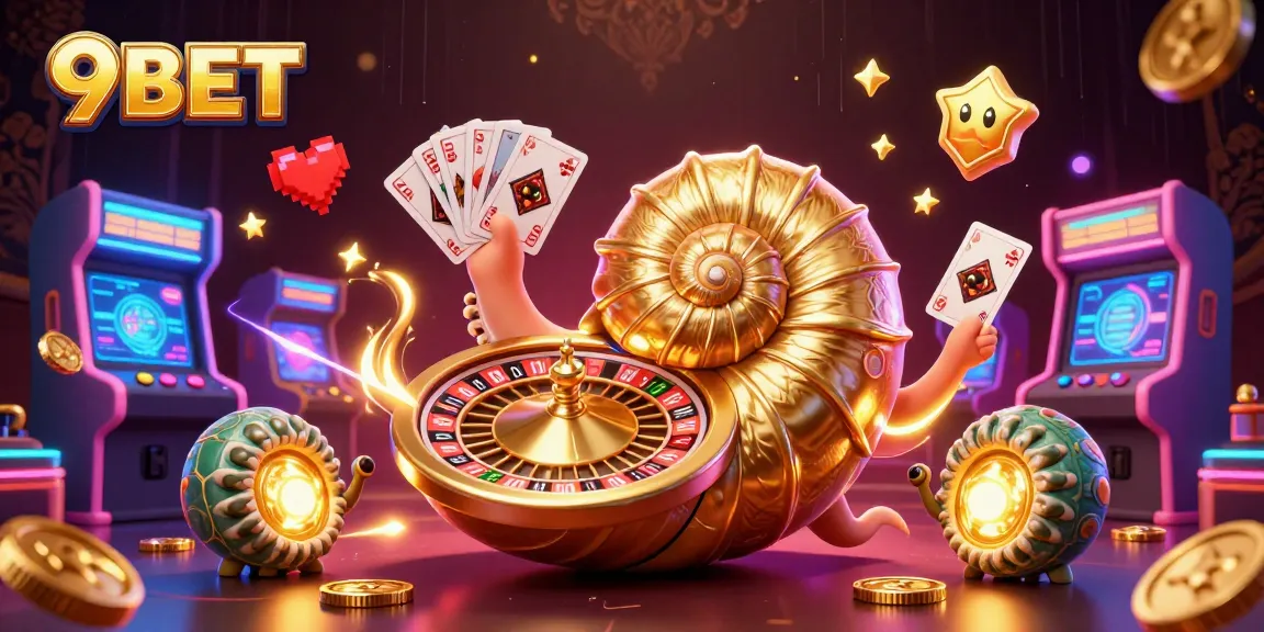 Experience 9BET gaming magic with an ancient nautilus roulette and glowing card hands.