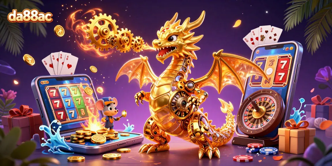 da88ac features an epic 3D rendering of a golden dragon combining mechanics with casino elements.