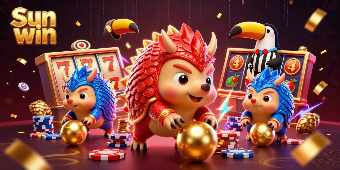 Experience the excitement of Sun win with rival pangolins rolling golden balls and slot reels around thrilling casino action.