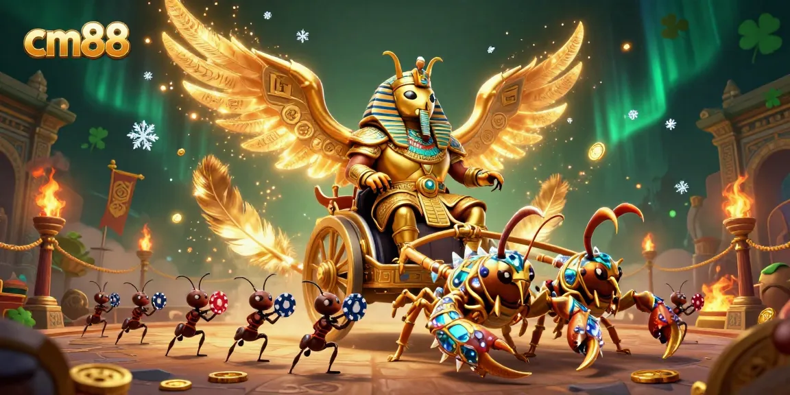 Engage in thrilling casino adventures with cm88, depicted by a colorful 3D scene featuring a golden scarab and scorpions.