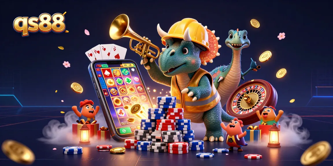 Engage in thrilling gaming action with qs88 as a triceratops builds poker chip pyramids amidst festive celebrations.