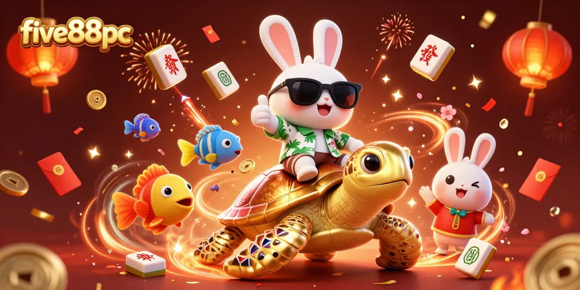 Experience thrilling moments at five88pc with our lucky rabbit and giant sea turtle in a vibrant casino scene.
