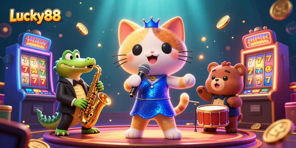 Engage with Lucky88's lively slot game scene featuring colorful characters and casino elements.