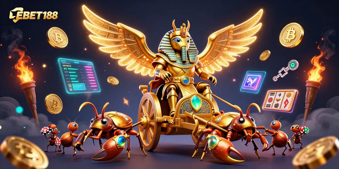 Watch EBET188's thrilling adventures with golden symbols and crypto elements in a vibrant 3D illustration.