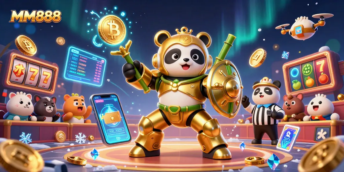 Engage with MM888 as the golden panda fights to win big at the casino in a vibrant arena.