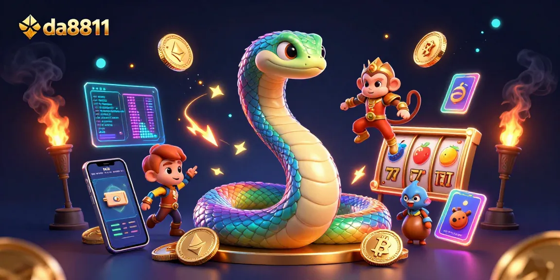 Experience the magic of da8811 with vibrant 3D visuals of a rainbow serpent and crypto elements.