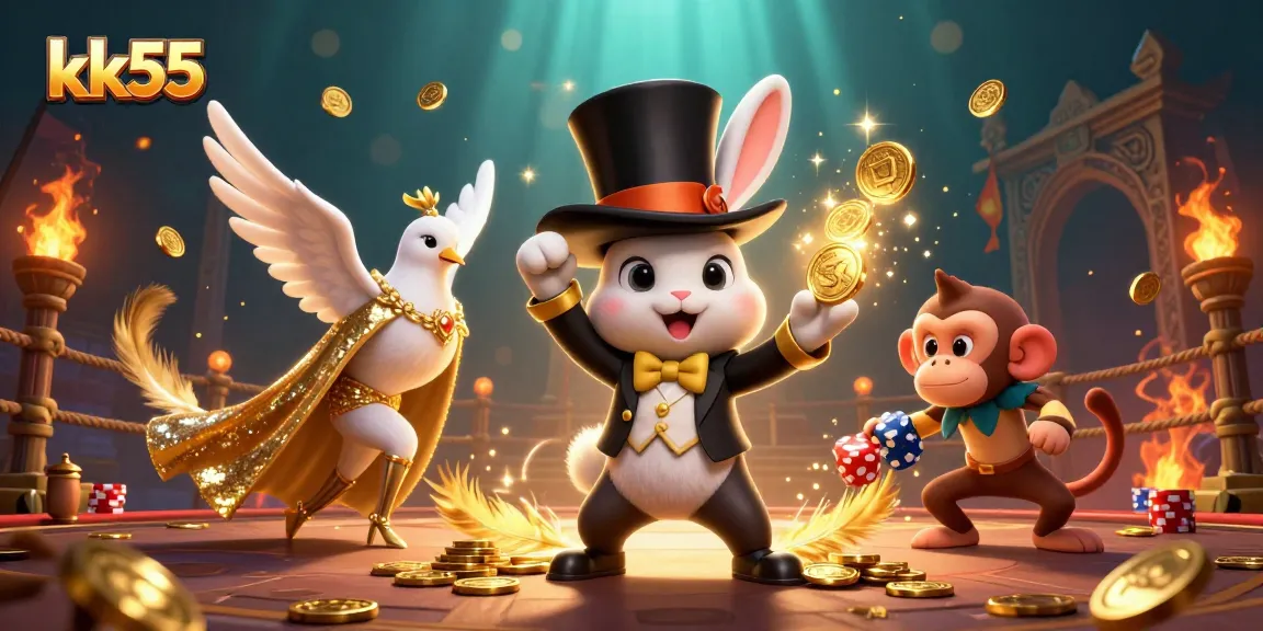 Experience thrilling winnings at KK55 as a magician rabbit conjures coins in this vibrant casino scene.