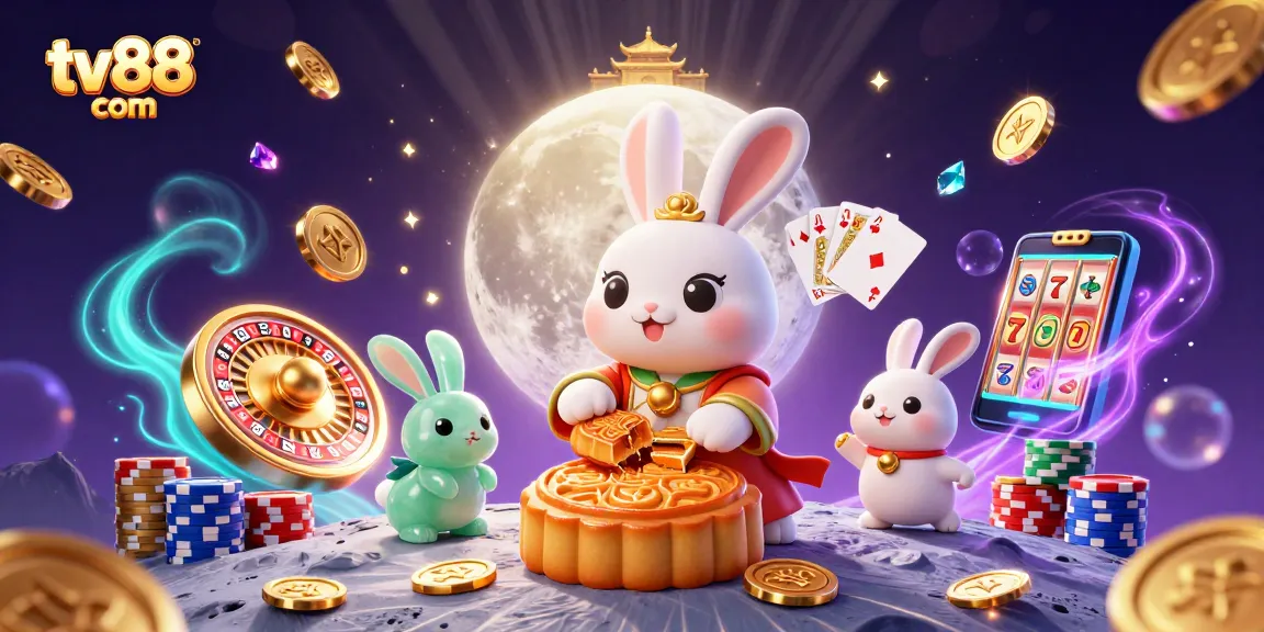 Engage with tv88 com as cartoon characters reveal poker chips from mooncakes in a vibrant casino scene.