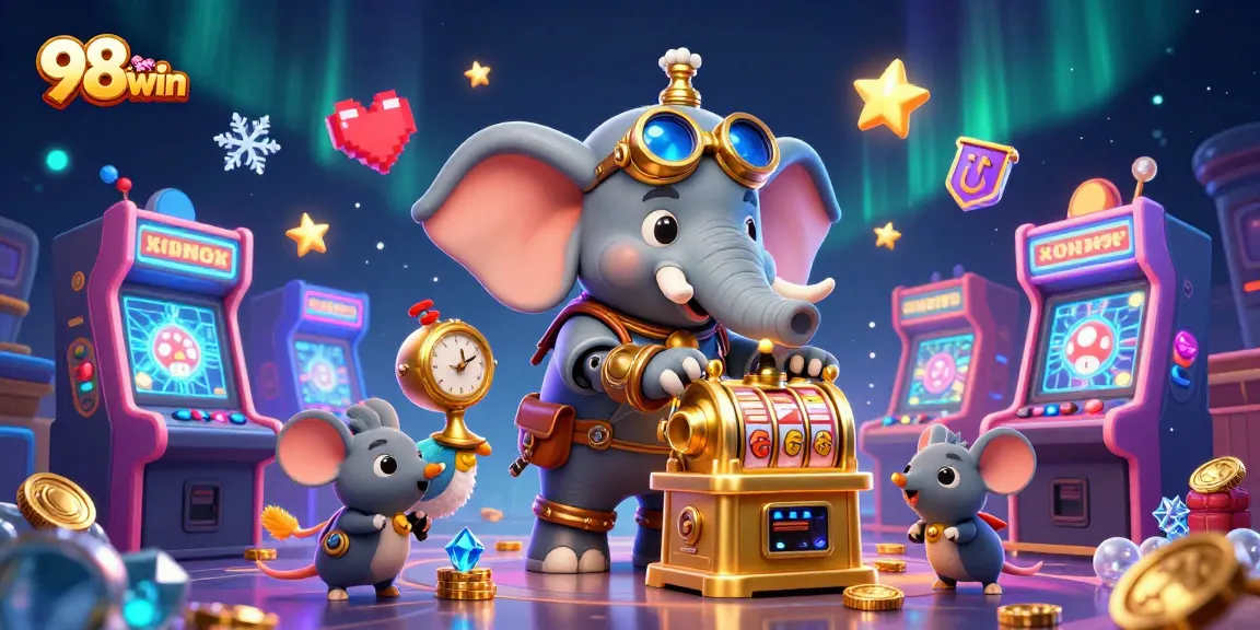 Win big with 98win's dynamic casino scene featuring slot machines and vibrant gaming elements.