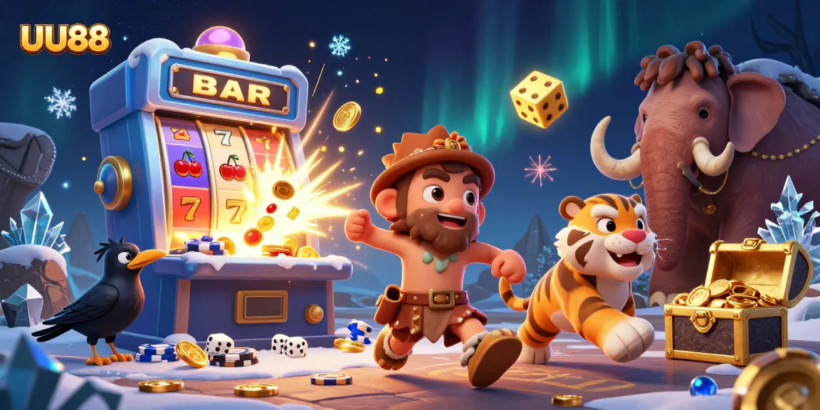 UU88 enriches the gaming experience with a vibrant casino scene featuring a caveman duo and treasures.