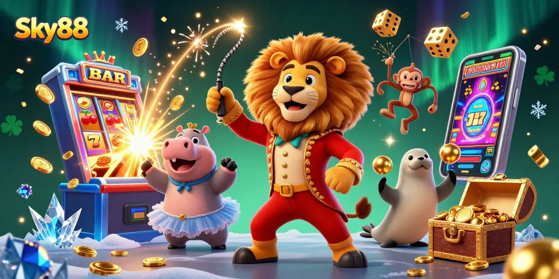 Experience thrilling wins at Sky88 with a lively 3D casino scene featuring vibrant characters and exploding jackpots.