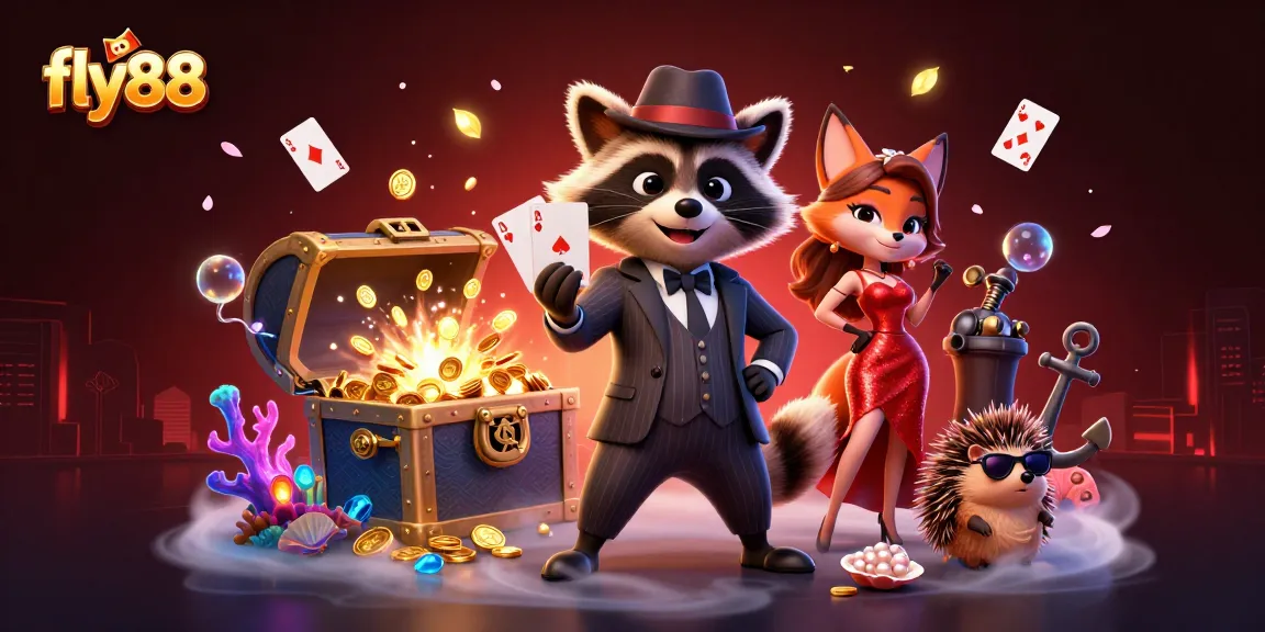 Join the action with fly88 as a suave raccoon reveals a royal flush, surrounded by casino riches and playful charm.