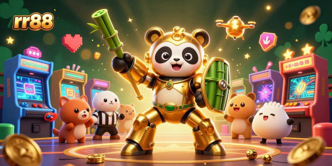 Experience thrilling adventures with rr88's golden panda mech-suit battling in a lively casino arena.