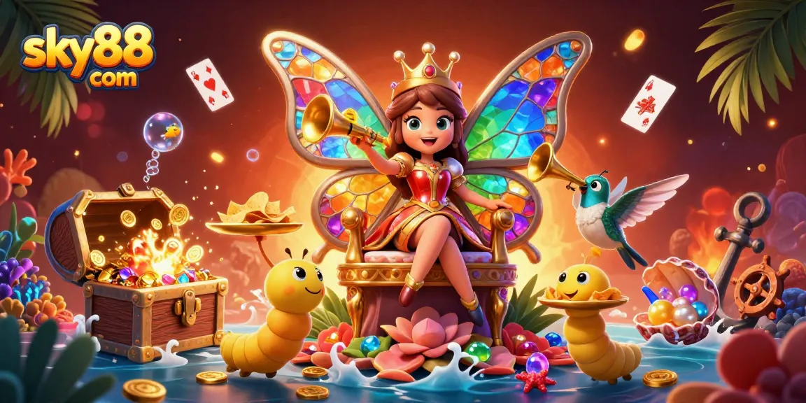 Engage with top-notch slots at sky88 com, featuring a vibrant, animated casino scene with dynamic elements and enchanting characters.