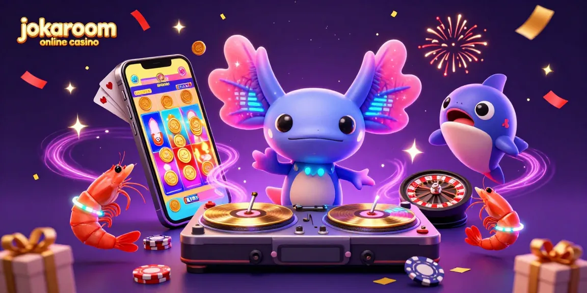 Experience the vibrant fun at jokaroom online casino with a 3D cartoon illustration of a DJ and lively sea creatures mixing games and excitement.